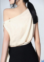 Diy Beige One Shoulder Asymmetrical design Blouses silk Summer - SooLinen