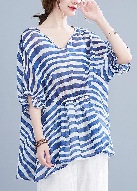 Diy Blue Loose Flare Sleeve V Neck Summer Shirts - SooLinen