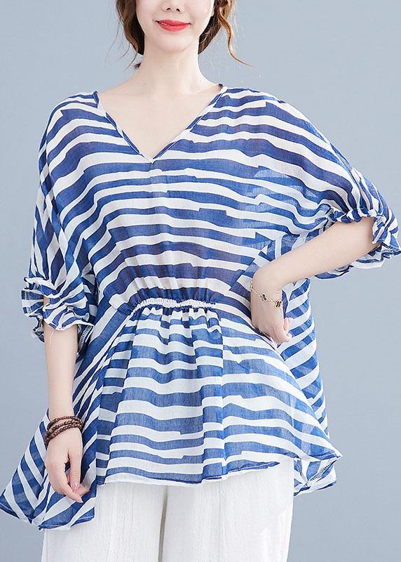 Diy Blue Loose Flare Sleeve V Neck Summer Shirts - SooLinen