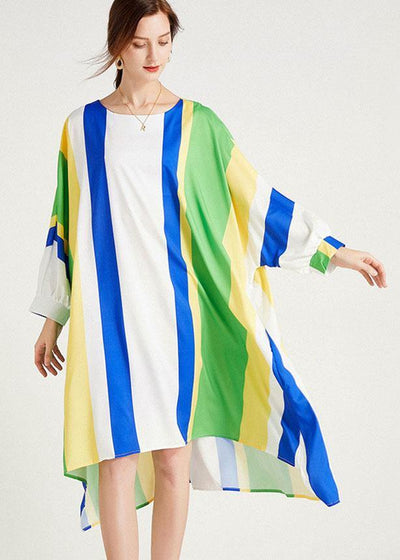 Diy Blue Striped Loose Bat Wing Sleeve Striped Summer Long Sleeve Dress - SooLinen