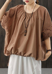 Diy Chocolate Hollow Out Cotton Blouse Top Summer - SooLinen