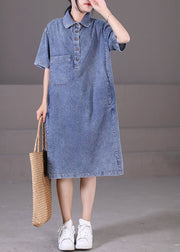 Diy Denim Blue Turn-down Collar Button Pockets Cotton Maxi Dresses Short Sleeve