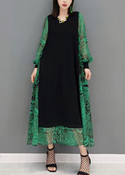 Diy Green O-Neck tie waist lace Patchwork Knit Dress Spring