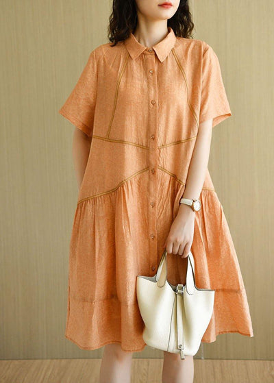 Diy Orange Yellow Peter Pan Collar Button Summer Dresses Short Sleeve - SooLinen