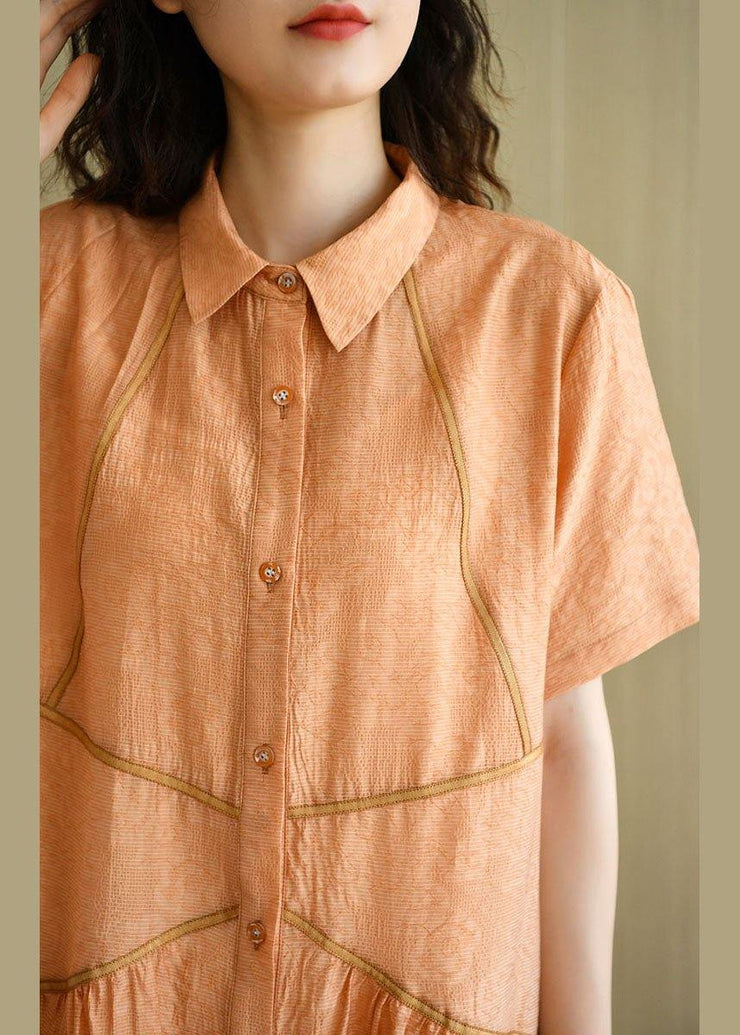 Diy Orange Yellow Peter Pan Collar Button Summer Dresses Short Sleeve - SooLinen