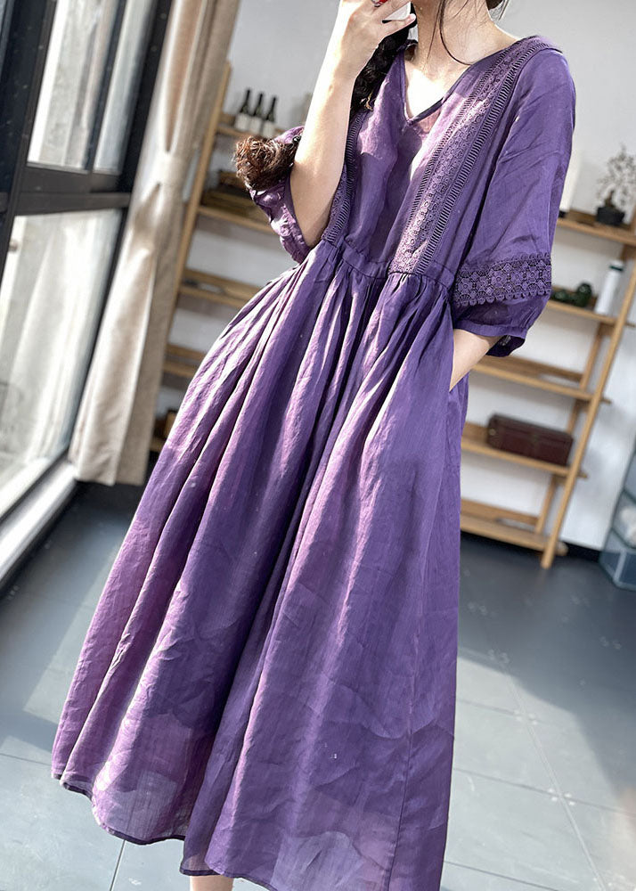 Diy Purple V Neck Cinched Lace Patchwork Exra Large Hem Cotton Dresses Lantern Sleeve