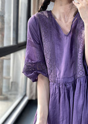 Diy Purple V Neck Cinched Lace Patchwork Exra Large Hem Cotton Dresses Lantern Sleeve