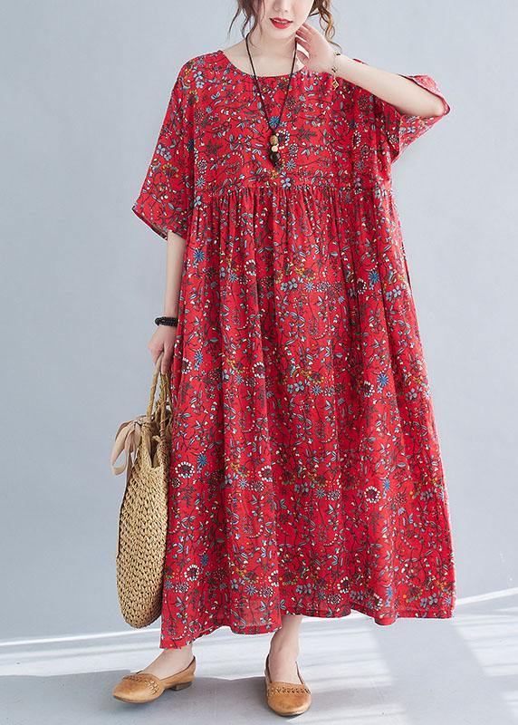 Diy Red Pockets Print Cotton Maxi Dresses Cinched - SooLinen