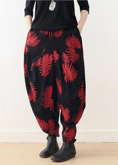 Diy Red Print Harem Cotton Pants - SooLinen