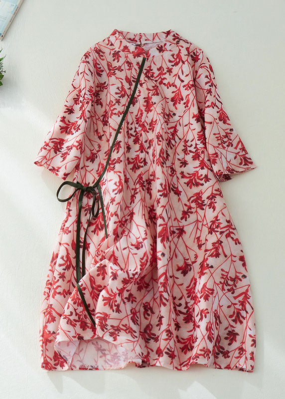 Diy Red Stehkragen Print Knopf Leinen Urlaub Cinch Kleid Halbarm