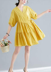 Diy Yellow Button asymmetrical design Summer Cotton Dress - SooLinen