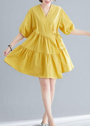 Diy Yellow Button asymmetrical design Summer Cotton Dress - SooLinen