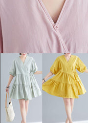 Diy Yellow Button asymmetrical design Summer Cotton Dress - SooLinen