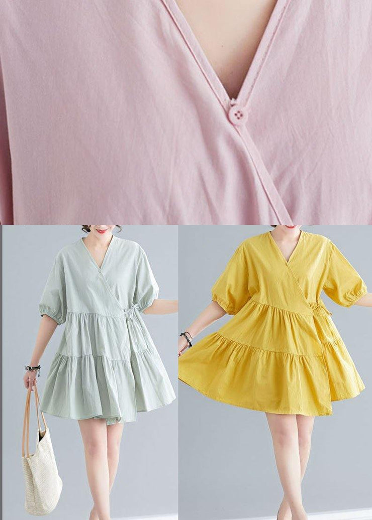 Diy Yellow Button asymmetrical design Summer Cotton Dress - SooLinen