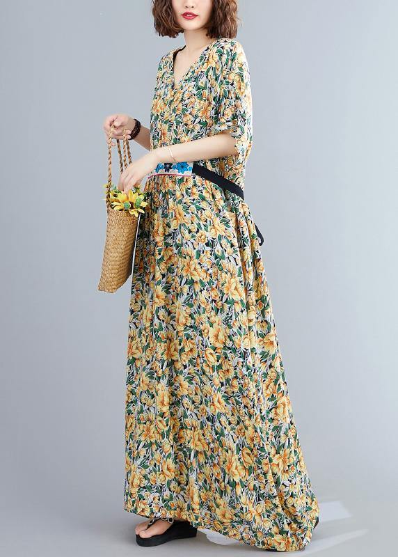 Diy Yellow Print Loose Long Summer Cotton Dress - SooLinen