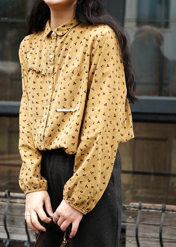 Diy Yellow Print Top Lapel Patchwork Baggy Spring Blouses - SooLinen