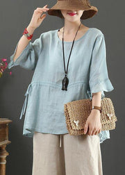 Drawstring Cotton Linen Flared Sleeve Summer Shirt - SooLinen