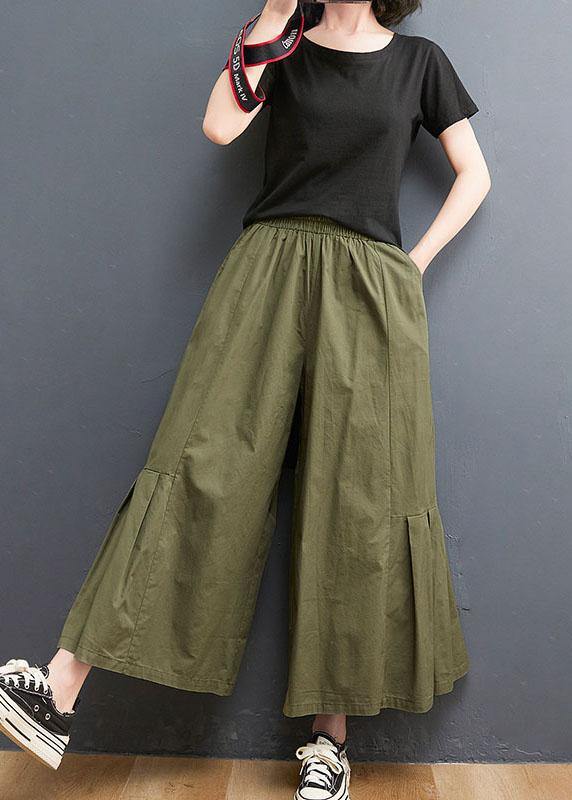 Elegant Army Green Elastic Waist Wide Leg Pants Trousers Summer Cotton - SooLinen