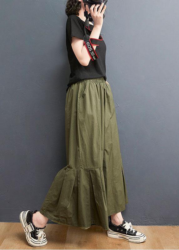 Elegant Army Green Elastic Waist Wide Leg Pants Trousers Summer Cotton - SooLinen