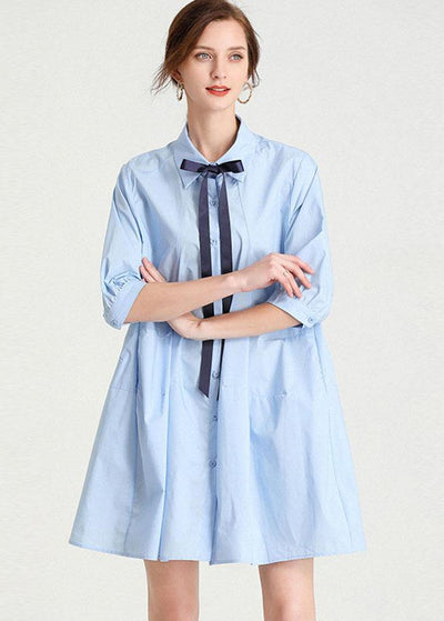 Elegant Baby blue PeterPan Collar Button Summer Cotton Dress - SooLinen