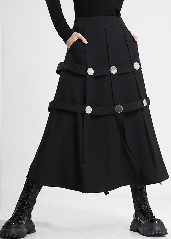 Elegant Black Asymmetrical Rivet Cotton Skirts Spring