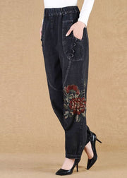 Elegant Black Grey Elastic Waist Embroideried Pockets Cotton Denim Lantern Pants Summer