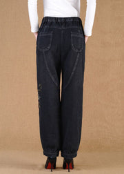 Elegant Black Grey Elastic Waist Embroideried Pockets Cotton Denim Lantern Pants Summer