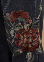 Elegant Black Grey Elastic Waist Embroideried Pockets Cotton Denim Lantern Pants Summer