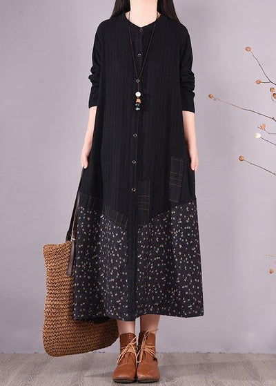 Elegant Black Patchwork Print Tunic O Neck Pockets Maxi Spring Dresses - SooLinen