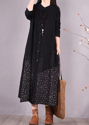 Elegant Black Patchwork Print Tunic O Neck Pockets Maxi Spring Dresses - SooLinen