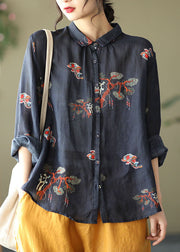 Elegant Black Peter Pan Collar Button Print Linen Shirt Tops Long Sleeve