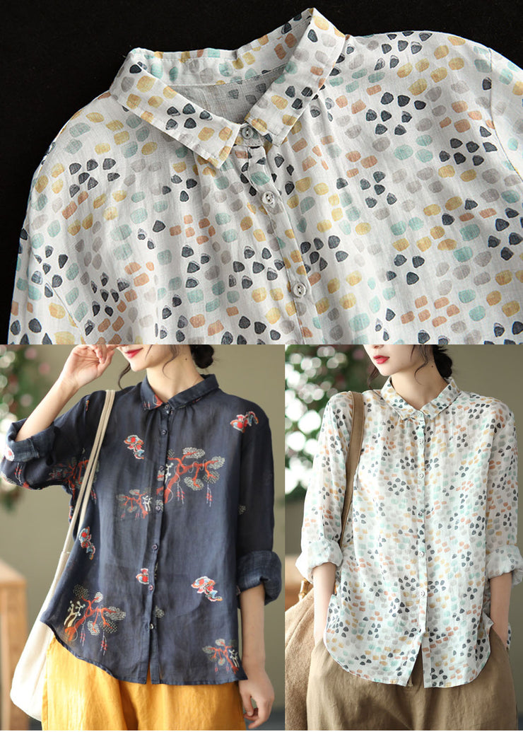 Elegant Black Peter Pan Collar Button Print Linen Shirt Tops Long Sleeve