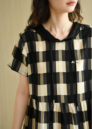 Elegant Black Plaid Hooded Patchwork Summer Cotton Dresses - SooLinen