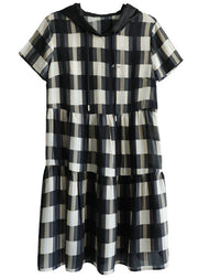 Elegant Black Plaid Hooded Patchwork Summer Cotton Dresses - SooLinen