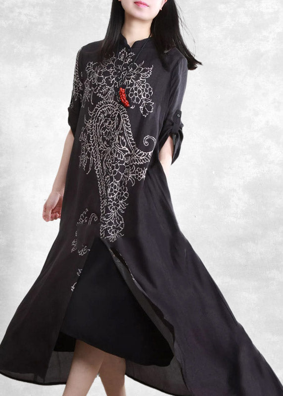 Elegant Black Stand Collar Button Print Pockets Linen Cardigans Half Sleeve