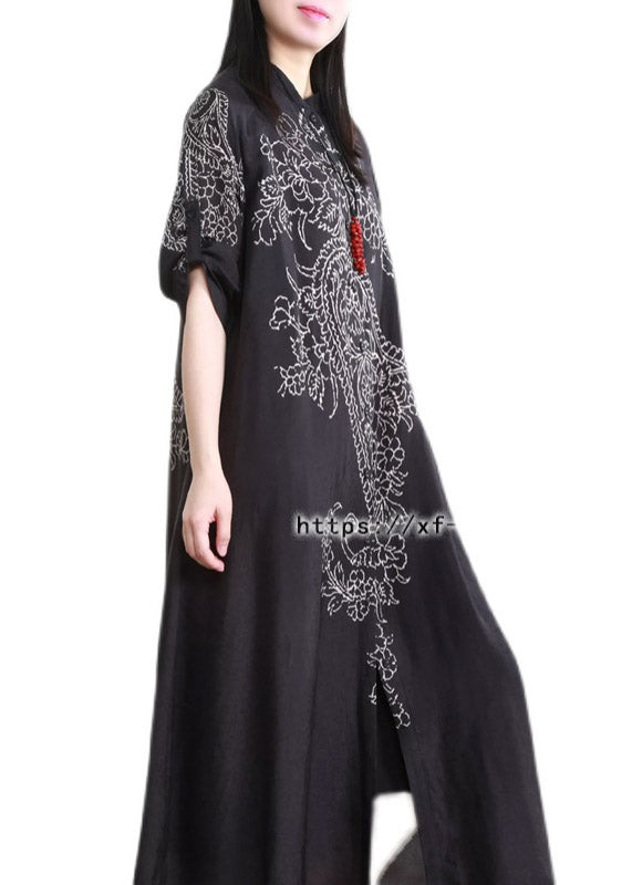 Elegant Black Stand Collar Button Print Pockets Linen Cardigans Half Sleeve