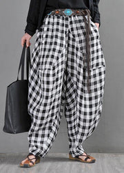 Elegant Black White Plaid Cotton Linen Harem Pants Summer - SooLinen