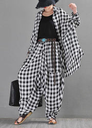 Elegant Black White Plaid Cotton Linen Harem Pants Summer - SooLinen