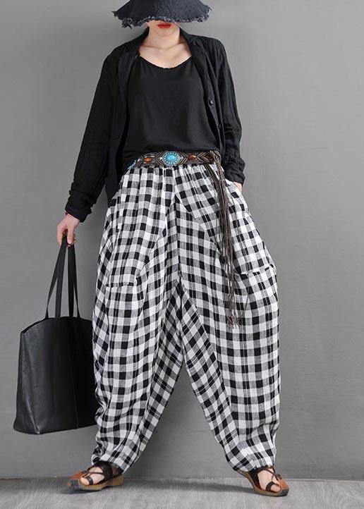 Elegant Black White Plaid Cotton Linen Harem Pants Summer - SooLinen