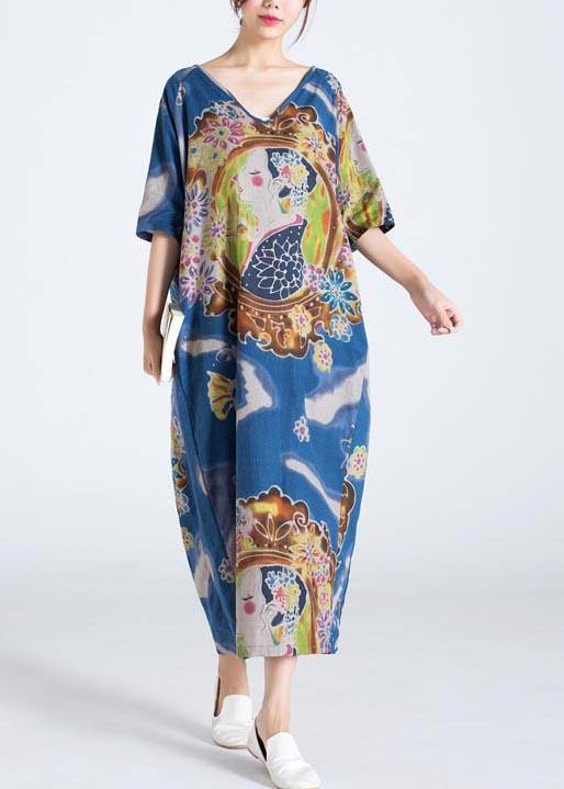 Elegant Blue Character Print Clothes O Neck Long Summer Dress - SooLinen