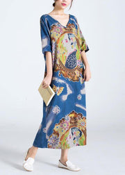 Elegant Blue Character Print Clothes O Neck Long Summer Dress - SooLinen