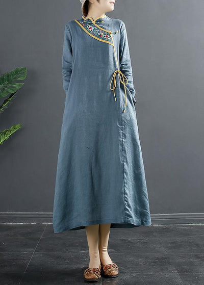 Elegant Blue Embroidery Tunic Stand Collar A Line Dress - SooLinen