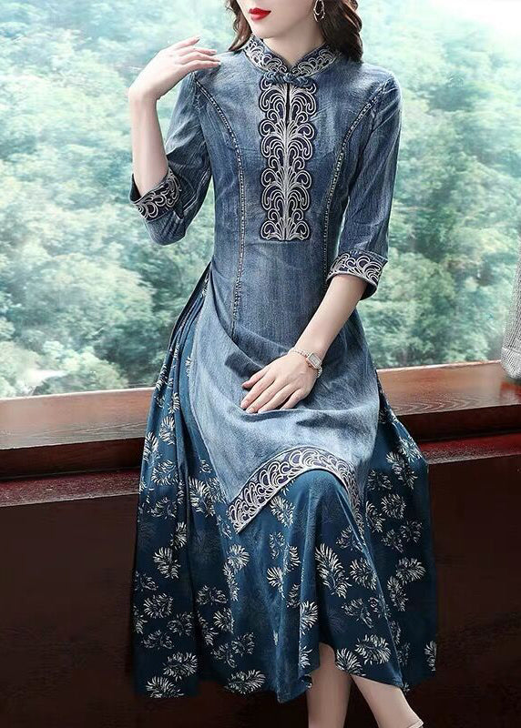 Elegant Blue Mandarin Collar Embroideried Patchwork Cotton Denim Fake Two Piece Dress Half Sleeve