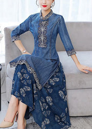 Elegant Blue Mandarin Collar Embroideried Patchwork Cotton Denim Fake Two Piece Dress Half Sleeve