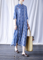 Elegant Blue Mandarin Collar Side Open Print cheongsam Dress Half Sleeve