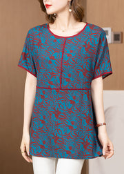 Elegant Blue O-Neck Jacquard Silk Tank Tops Short Sleeve