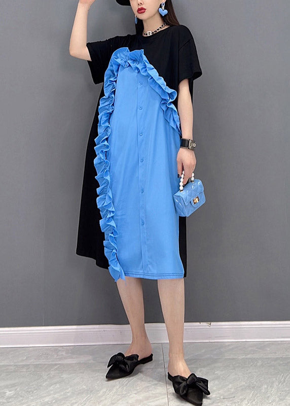 Elegant Blue O-Neck Ruffled Patchwork Button Dress Short Sleeve