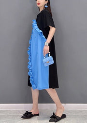 Elegant Blue O-Neck Ruffled Patchwork Button Dress Short Sleeve