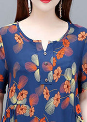 Elegant Blue O-Neck Wrinkled Print Cotton Cinch Dresses Short Sleeve