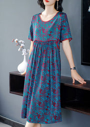 Elegant Blue O-Neck Wrinkled Print Silk Long Dress Short Sleeve